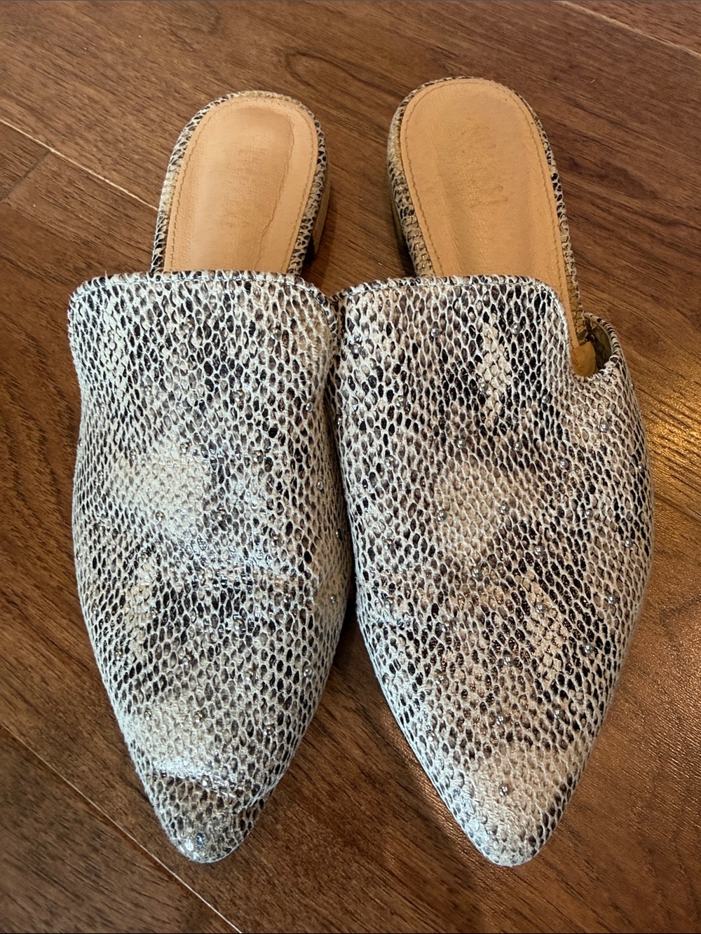 Snake-Print Pointed-Flat Mules in Taupe